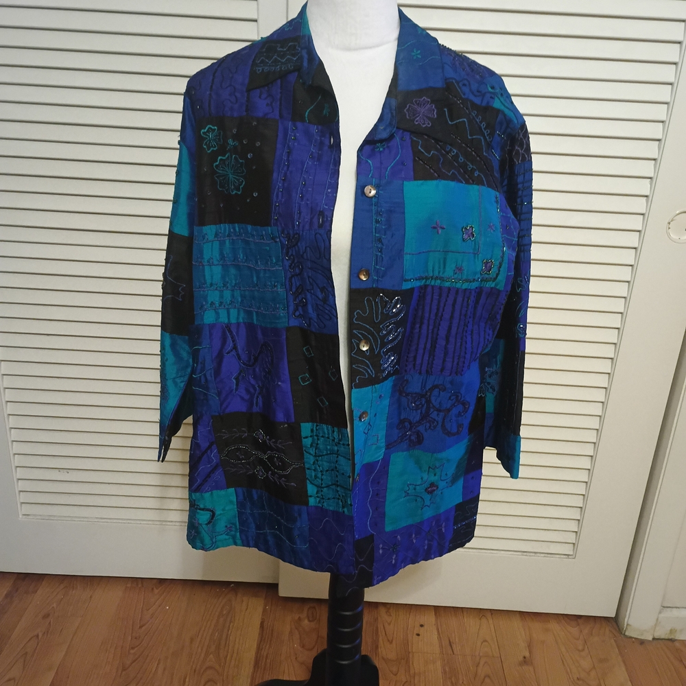 Chico's Design Vintage Silk Patchwork Embroidery and Beaded Jacket Size 12